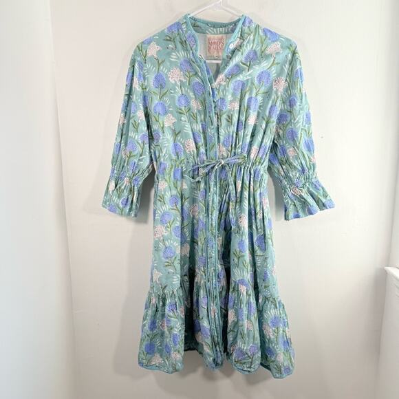 Mod’s Mahal Green Purple Floral Block Print Belted Mini Dress Size Medium - Picture 1 of 12